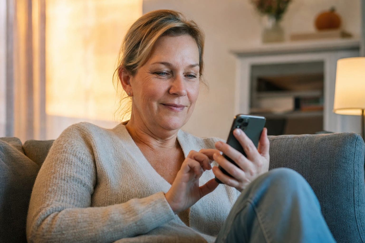 Fachkraft zuhause auf dem Sofa mit dem Telefon in der Hand